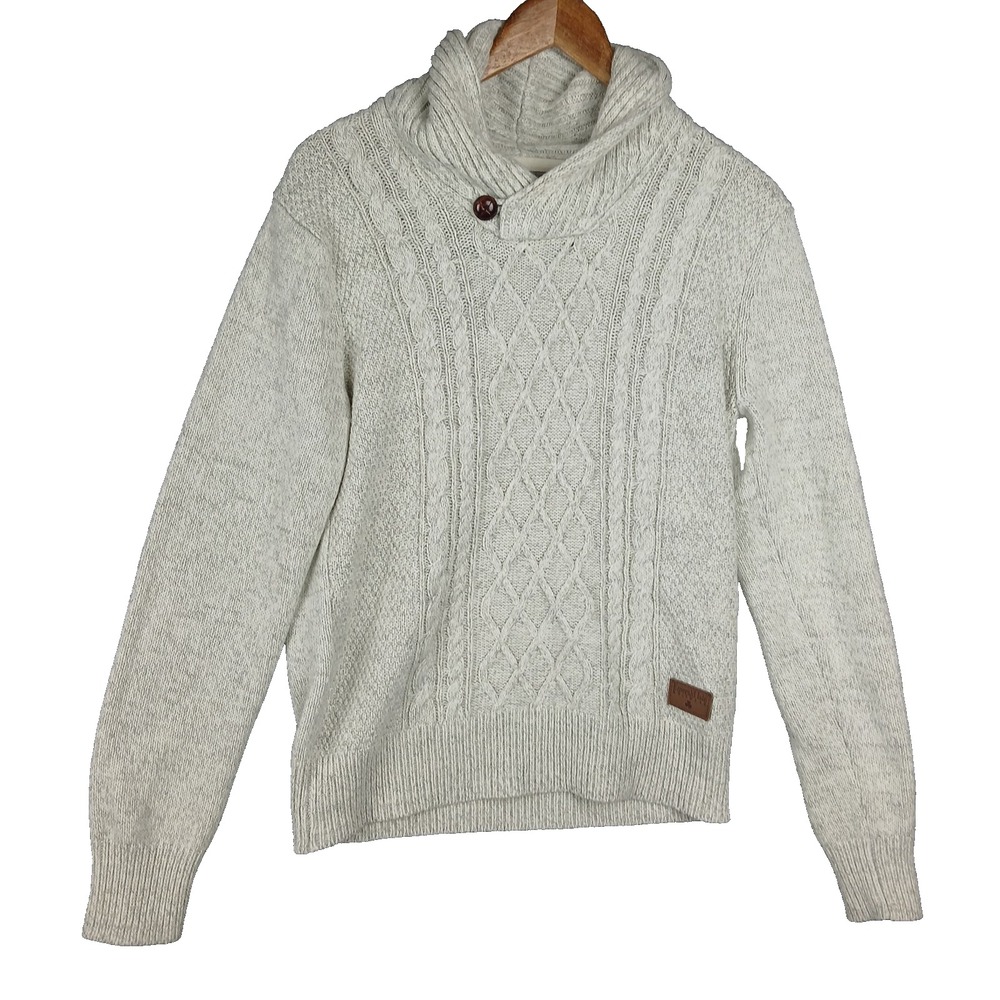 Emerald Isle Knitwear Sweater Mens Medium Beige‎ Cable Knit Ribbed Shawl Collar